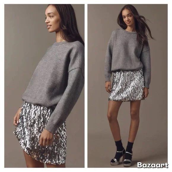 NWT Anthropologie Mare Mare Long Sleeve Knit Sequin Twofer Mini Dress Sz S - Picture 4 of 10